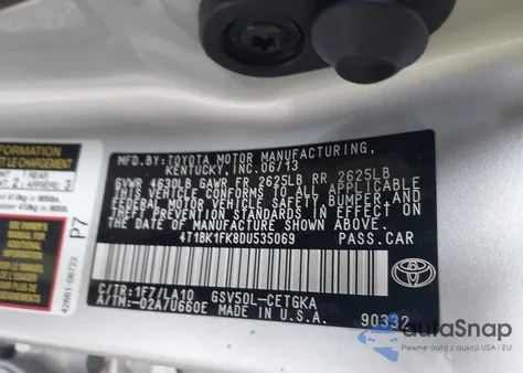 2013 Toyota Camry Xle V6 from USA, damaged, VIN 4T1BK1FK8DU535069